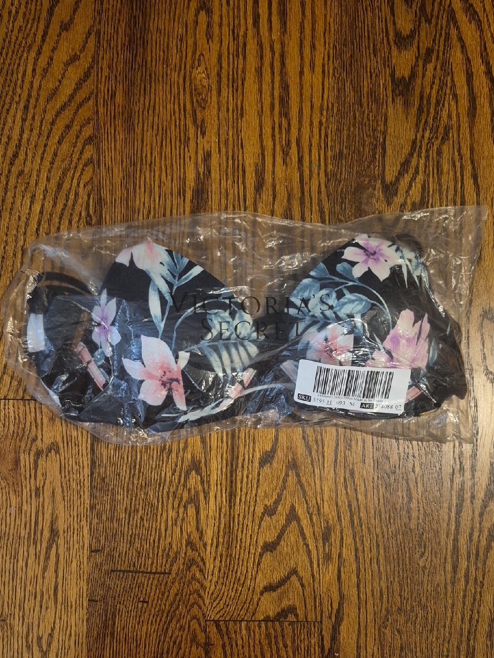 Victoria's Secret Black Floral Push Up Halter Bikini Top W/Pink & Green Accents
